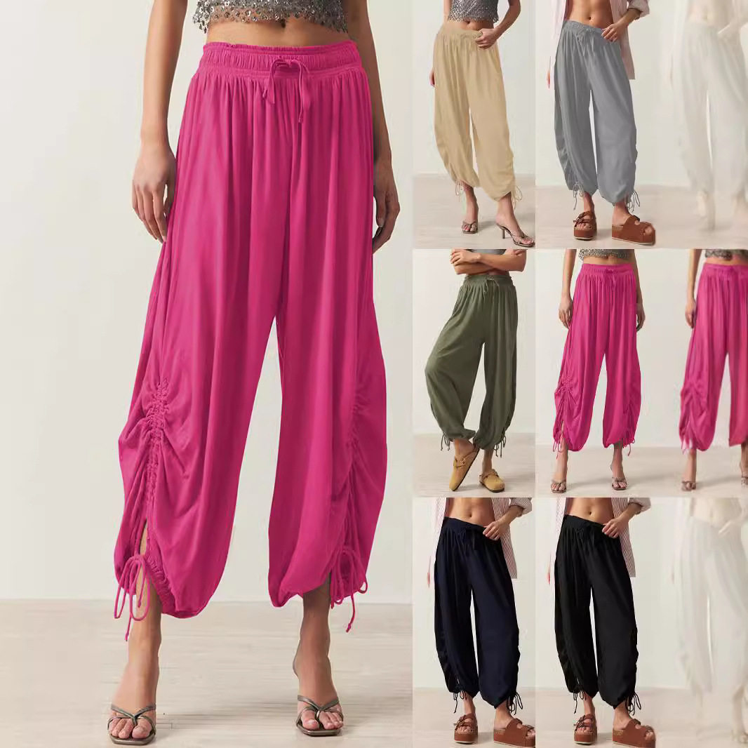 Women Lantern Tapered Harem Pants Trousers 女抽绳系带灯笼裤