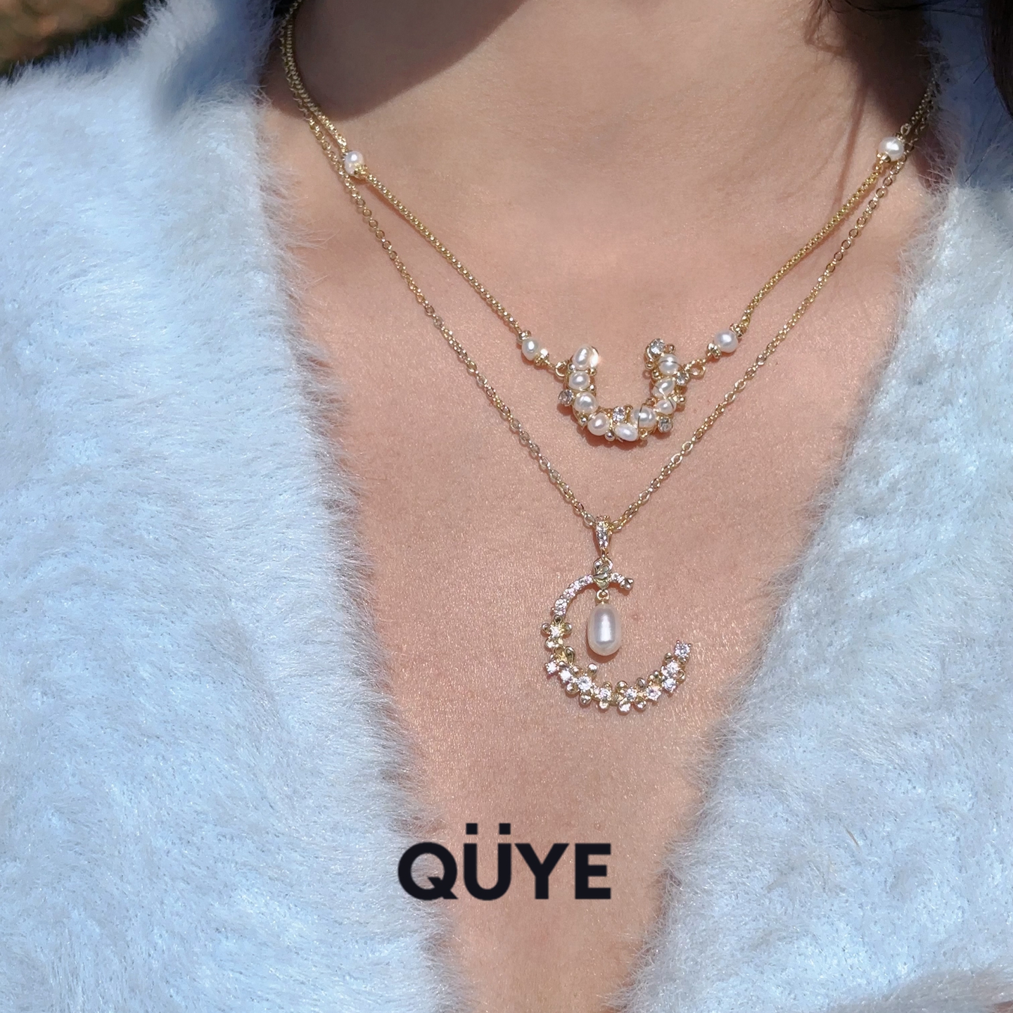 绝美/手工编织天然淡水小珍珠月亮吊坠项链毛衣链