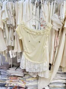 韩系夏日新款 T恤女拼接蕾丝下摆小上衣t 百搭甜美温柔风芭蕾风短袖