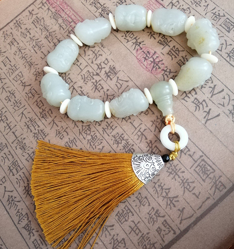 和田玉白玉籽料留皮十八罗汉双面雕刻手串手链非青白玉