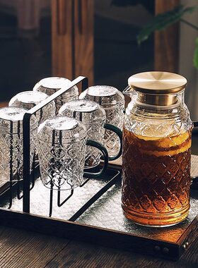 新品复古风海棠花杯子套装玻璃杯家用客厅简约茶具套装杯具喝水杯