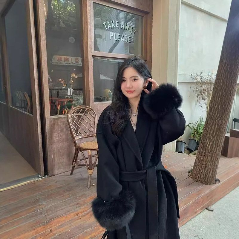 2025双面羊绒大衣女冬季高端气质轻奢羊毛呢超长款狐狸毛袖外套女