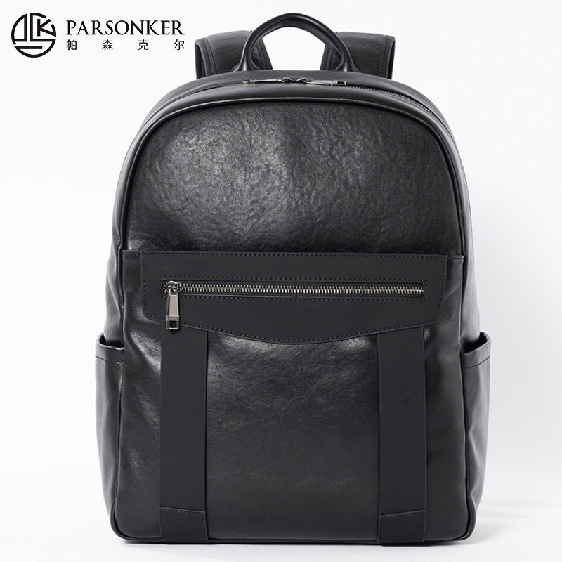 新款男士真皮背包时尚商务休闲包大容量电脑背包拼接真皮双肩背包