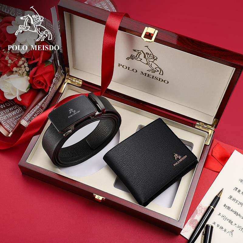 正品保罗美思得男士皮带真皮短款钱包礼盒套装高档礼物送老公爸爸