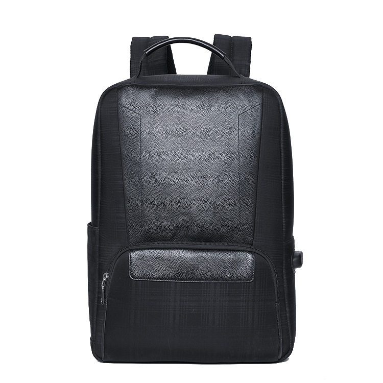 男士时尚双肩包皮配布大容量背包时尚休闲15.6寸电脑包真皮商务潮
