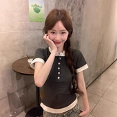 短款 美式 tee显瘦辣妹小上衣 撞色拼接短袖 修身 正肩t恤女夏季 新款