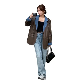 春秋韩版外套女气质西装显瘦皮衣新款开衫2025年领子上衣宽松拼接