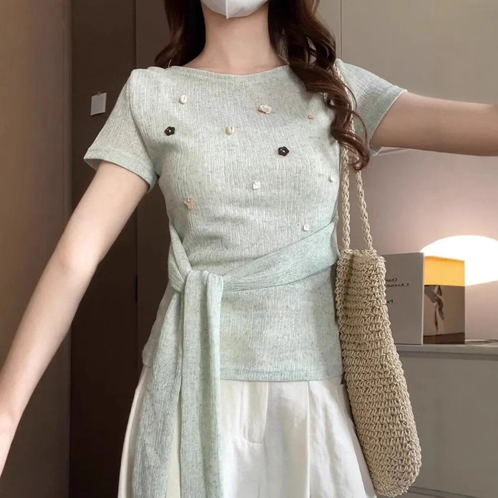 小众贝壳装饰设计感短袖针织衫女夏季新款小清新绑带收腰减龄上衣,女装/女士精品,T恤,淘宝优惠券,粉丝福利购,淘宝优惠卷