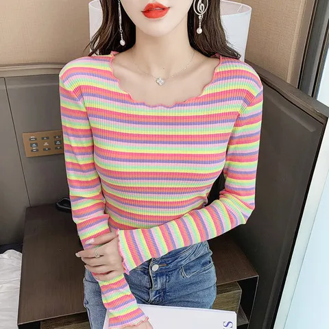 纯棉彩虹木耳领打底衫百搭T恤长袖内搭条纹女春秋装减龄卷边,女装/女士精品,T恤,淘宝优惠券,粉丝福利购,淘宝优惠卷