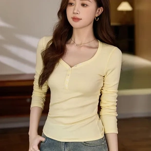 肩上衣2025新款秋季v领美式#打底衫女匠心正T恤#纽扣纯棉长袖甄品