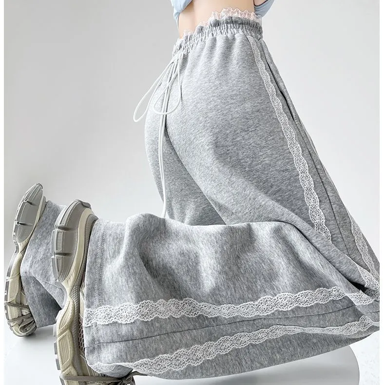 蕾丝花边休闲裤女春夏季2025新款高腰宽松阔腿裤黑色百搭运动裤子,女装/女士精品,休闲裤,淘宝优惠券,粉丝福利购,淘宝优惠卷