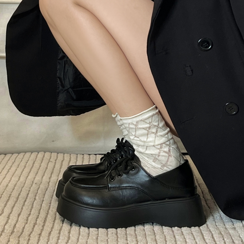 跨境厚底黑色系带通勤英伦风小皮鞋女2025年新款复古小个子增高乐