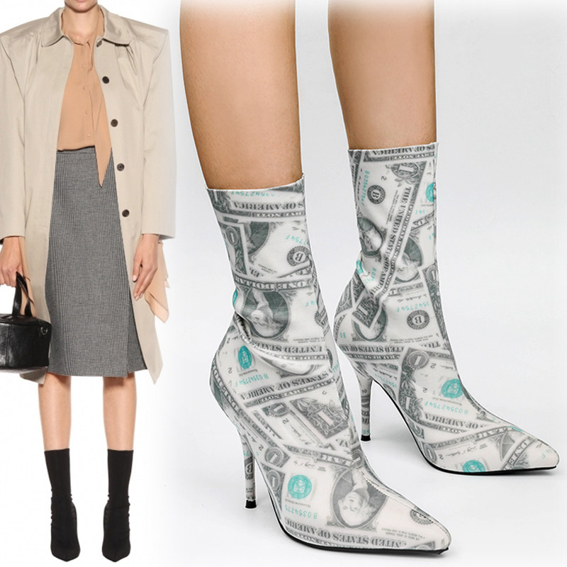 欧美新款尖头个性细跟超高跟弹力短筒靴大码走秀多穿时尚显瘦袜靴,女鞋,时装靴,淘宝优惠券,粉丝福利购,淘宝优惠卷