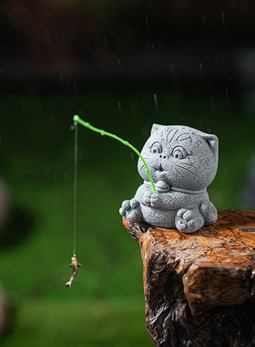 青砂石造景可爱桌面小猫钓鱼摆件