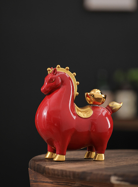 中国风红陶瓷招财马摆件装饰礼品