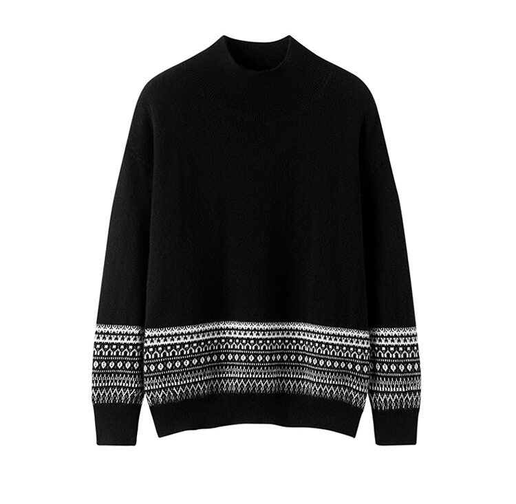 鹿版款新年半高领羊绒衫100%山羊绒下摆多层排列花纹设计感毛衣