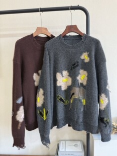 【ES江n布衣100%纯山羊绒 春秋圆领时尚针织衫钩针花朵毛衣宽松