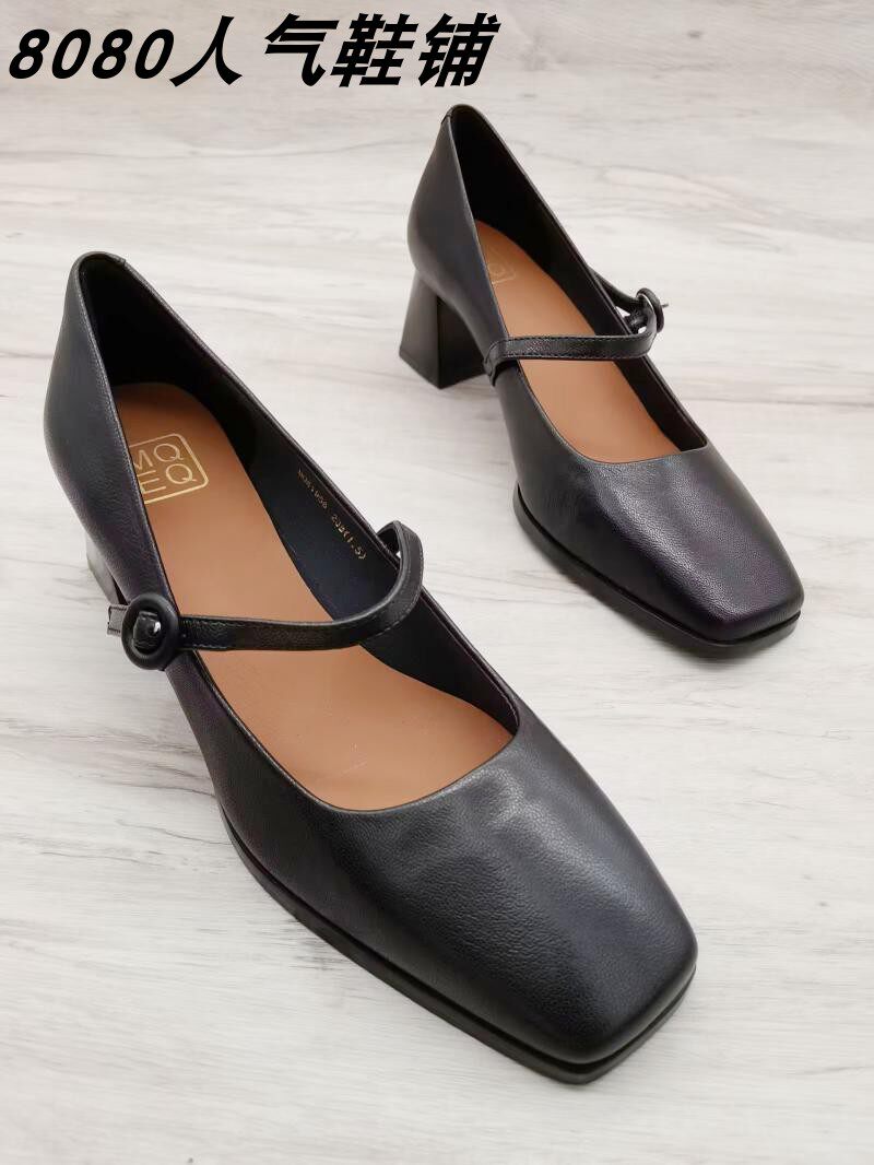 法式玛丽珍鞋女设计气质高级感粗跟新款黑色方头真皮高跟浅口单鞋