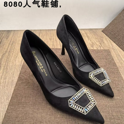 尖头细跟8.5公分高跟鞋女水钻浅口单鞋百搭职业优雅黑色工作鞋