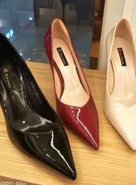 2022新款春季百搭韩版漆皮高跟鞋细跟公主尖头浅口单鞋工作鞋女鞋