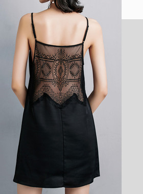 醋酸缎面吊带裙女夏外穿中长款性感蕾丝镂空美背连衣裙内搭打底裙