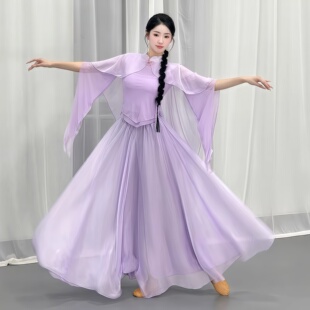 舞台剧目演出服套装 古典舞蹈服女仙气身韵旗袍领纱衣飘逸裙裤 中式
