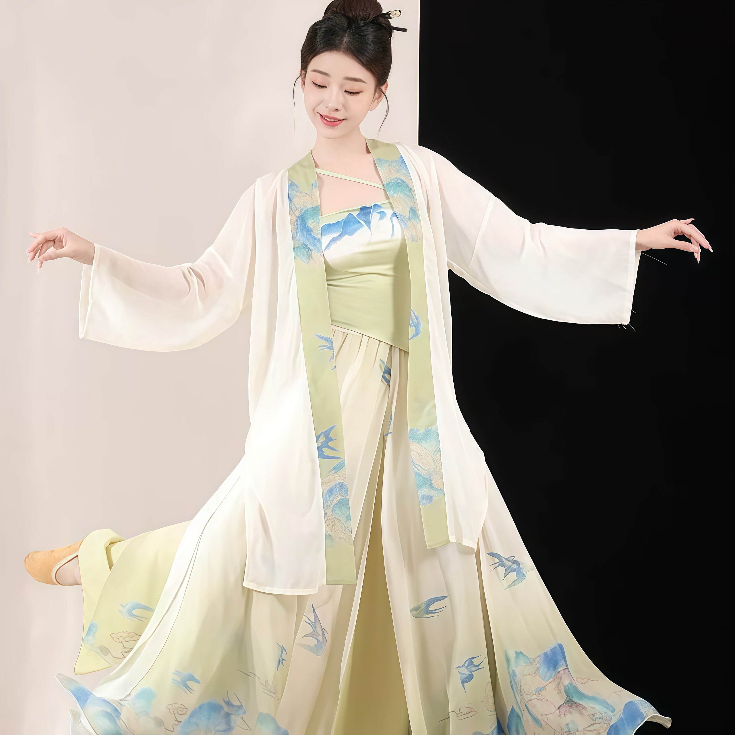 新款民族古典舞蹈服新中式千里江山外披大摆裤裙中国风表演练功服