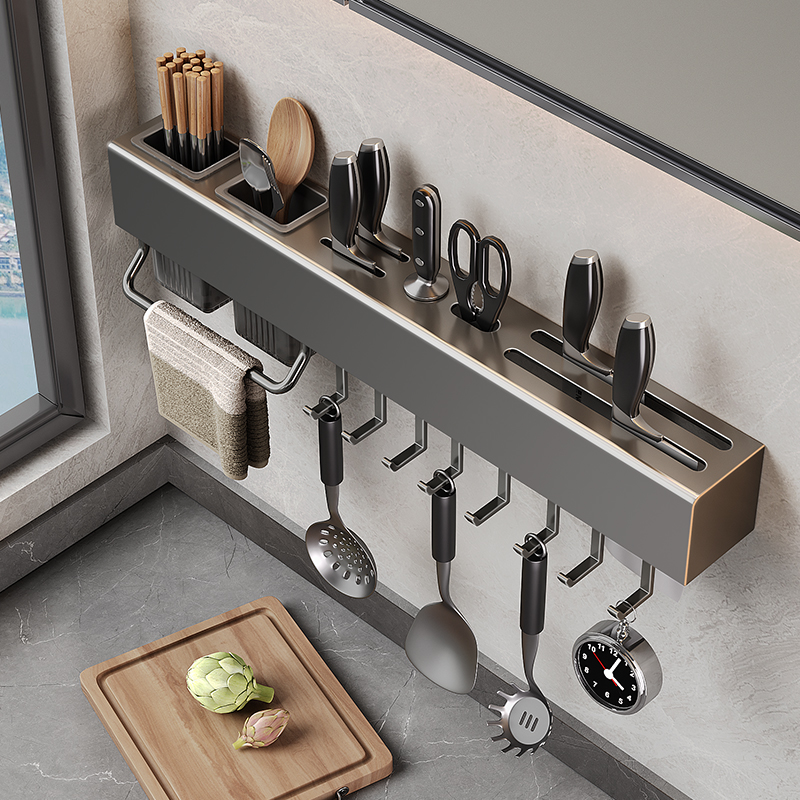 厨房多功能刀架筷笼一体收纳架免打孔不锈钢厨具刀具壁挂式置物架