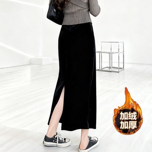 金丝绒半身裙春秋新款秋冬加绒直筒中长款黑色高腰显瘦开叉长裙