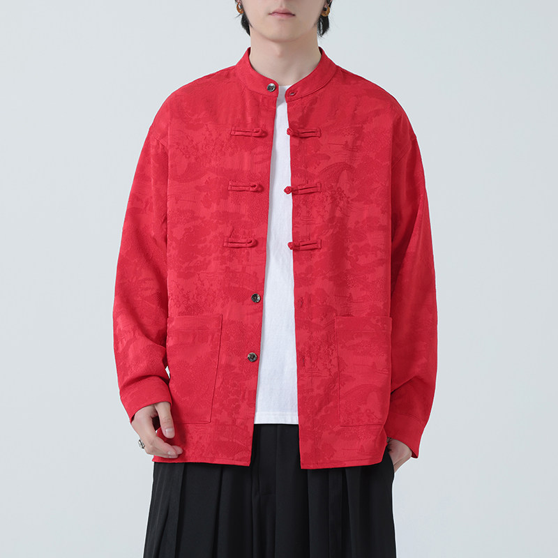 2025秋冬新款夹克红复古唐装汉服中式外套男长袖衬衫1197-P98，男装夹克，电商A016