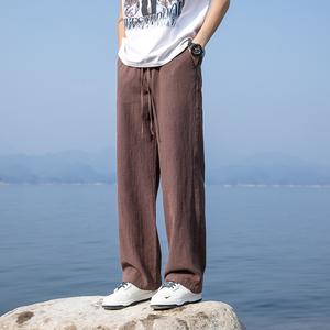 棉麻直筒裤春夏新款阔腿裤男长裤子纯色大码拖地休闲裤8208-p78图片