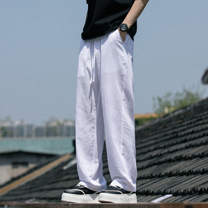 风休闲裤夏季男款亚麻长裤大码纯色直筒拖地裤子8263-P50控78图片
