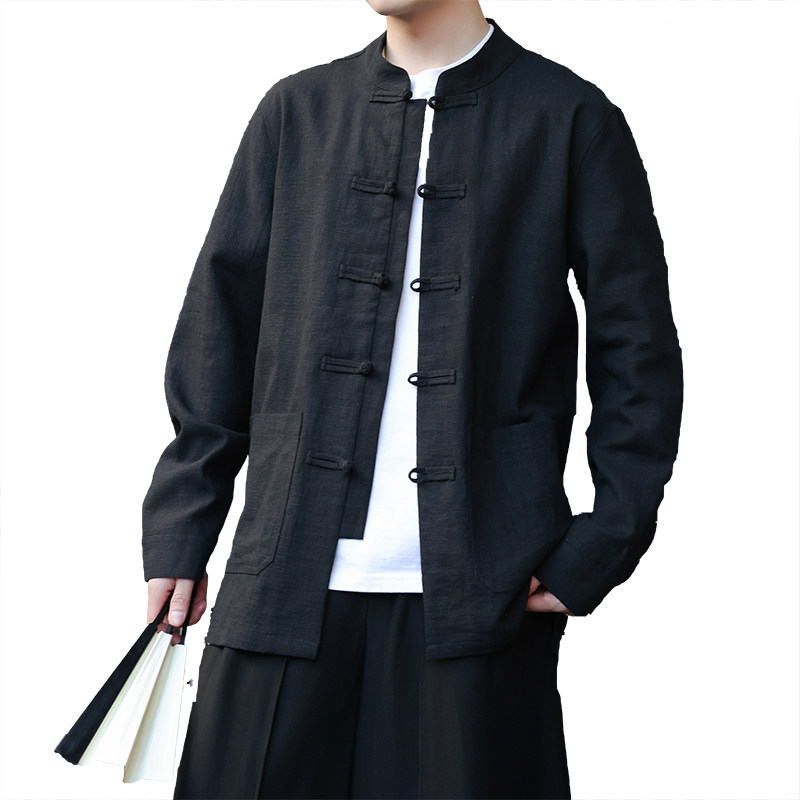 风亚麻外套2025春汉服棉麻夹克新中式立领长袖衬衫男1180-P95,男装夹克,电商A016