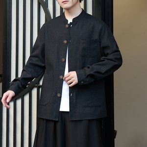 2025秋冬新款夹克男女棉麻外套风大码宽松立领长袖衫1177-P90