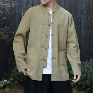 风外套春夏棉麻汉服开衫唐装大码亚麻纯色长袖衬衫男1180-P95图片