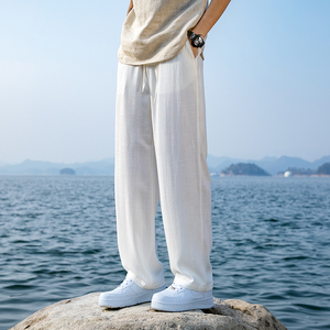 棉麻直筒裤春夏新款阔腿裤男士长裤子纯色大码拖地休闲裤8059-p75图片