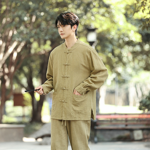 风男装外套盘扣唐装夹克棉麻纯色衬衫直筒裤套装TZ1180-P170图片