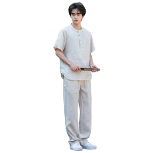 亚麻短袖T恤直筒长裤简约时尚风男夏清凉套装TZ1206p185图片