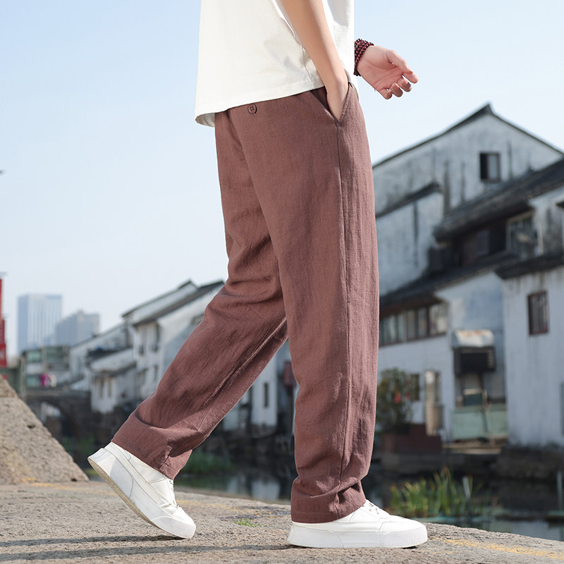 休闲裤2025男春夏款亚麻裤风纯色百搭棉麻直筒长裤子8233-P80,男装休闲裤,电商A016