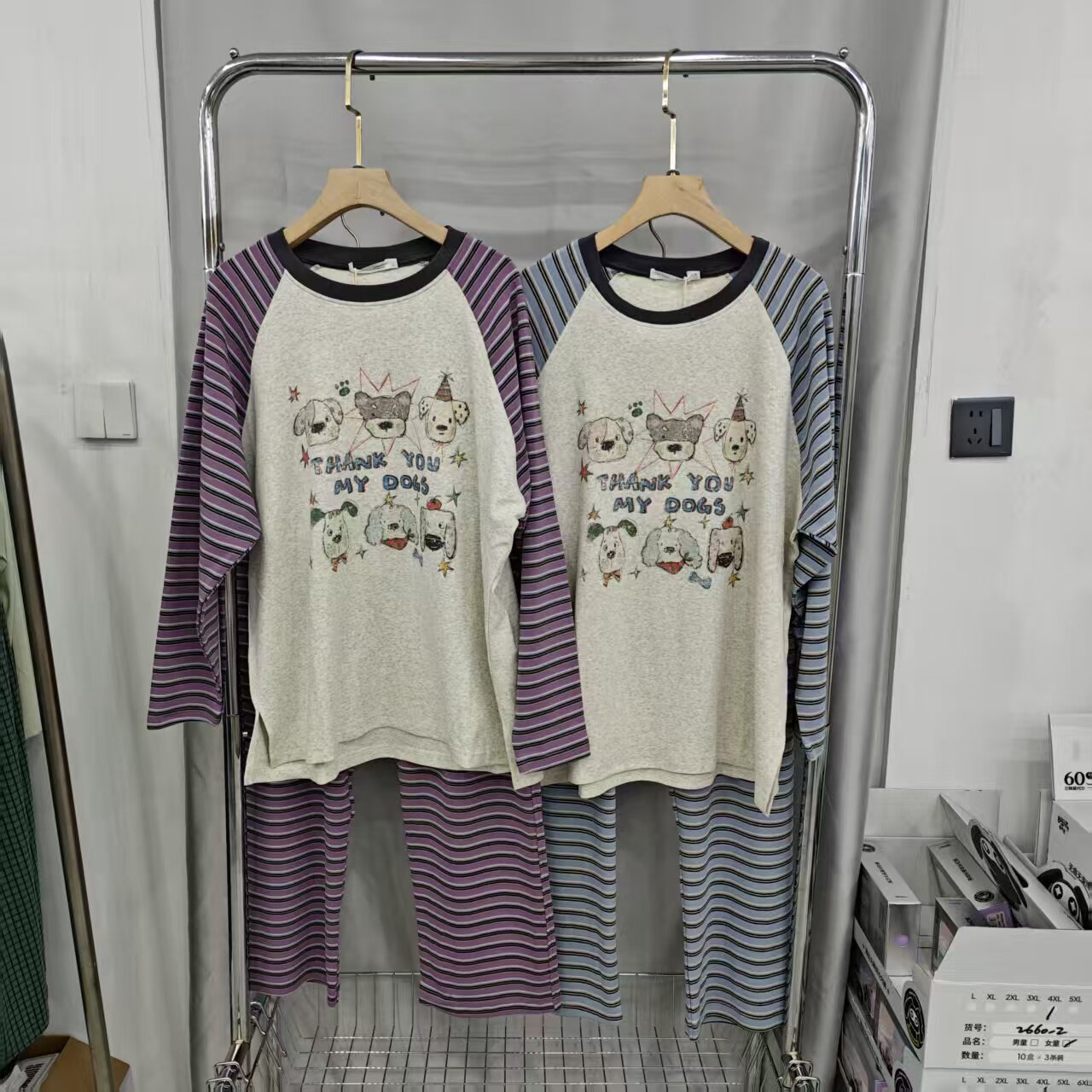 秋冬女甜美圆领宽松睡衣套装