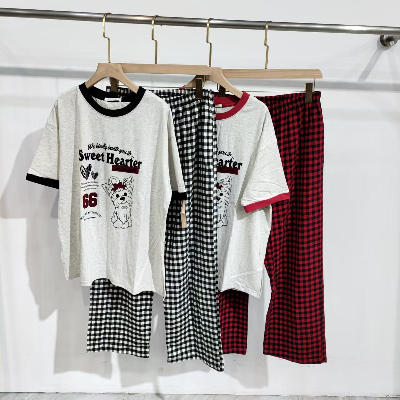 圆领印花短袖格子长裤套装家居服