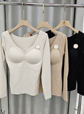 秋冬女加绒加厚保暖内衣带胸垫免穿文胸打底衫内搭上衣20265红