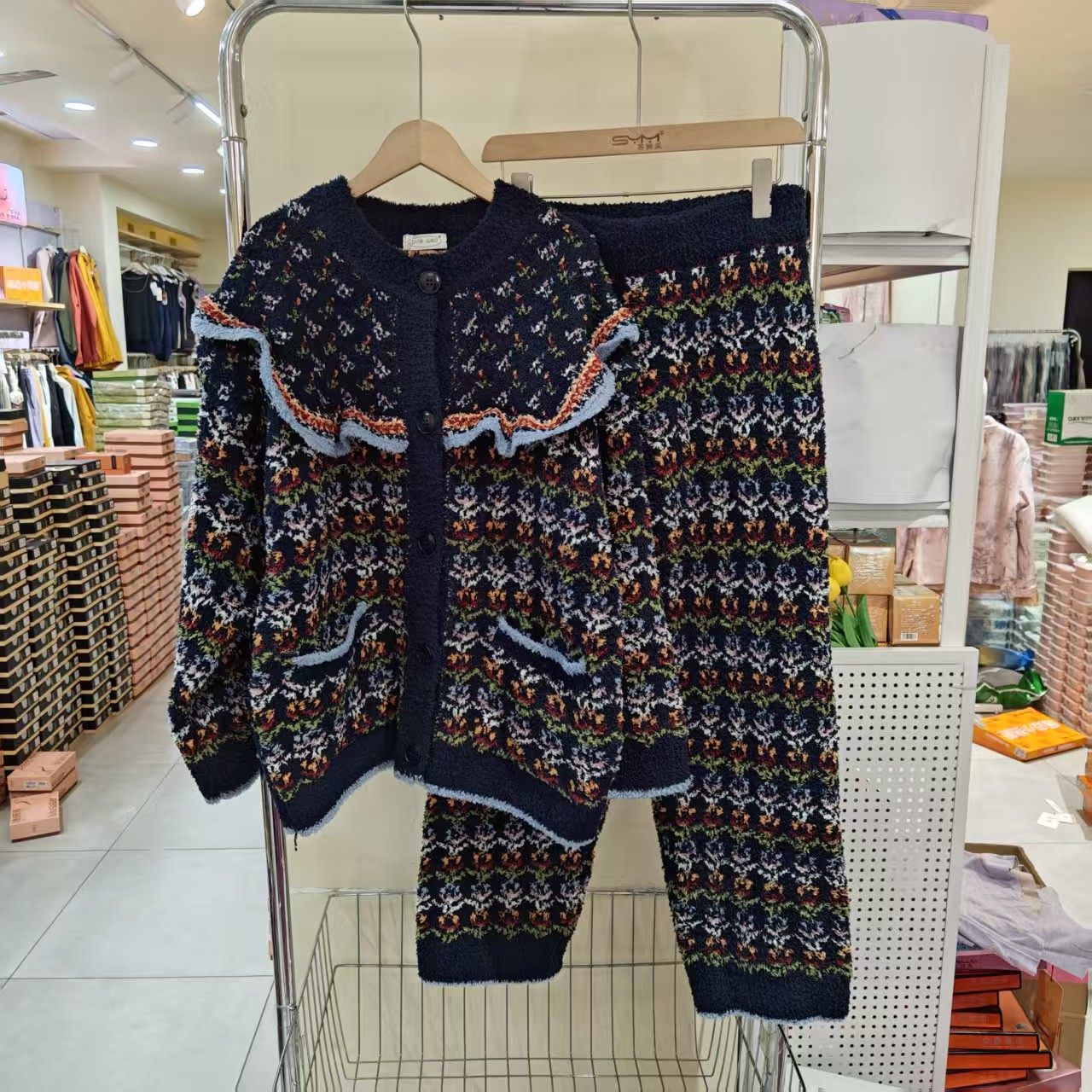 满印花开衫女睡衣家居服套装