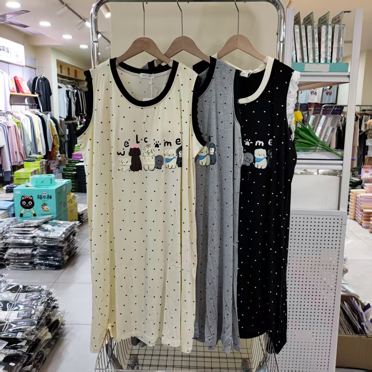 新款女睡裙带胸垫波点印花宽松舒适休闲无袖背心家居服可外穿5051