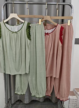 甜美无袖长裤格纹睡衣套装女士柔软舒适可外穿蕾丝边家居服60019