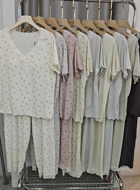新款蕾丝V领带胸垫短袖长裤女睡衣宽松舒适可外穿家居服套装8943