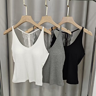 螺纹性感蕾丝吊带背心女夏季 显瘦带胸垫免穿文胸美背上衣2805 修身