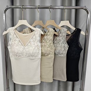 加绒加厚法式蕾丝V领保暖背心女士带胸垫固定杯无袖打底内衣5580