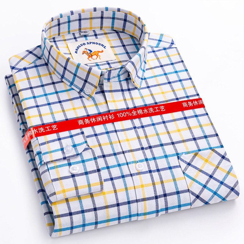 保罗100%棉新款男士长袖牛津纺衬衫男纯棉百搭中青年衬衣免烫大码