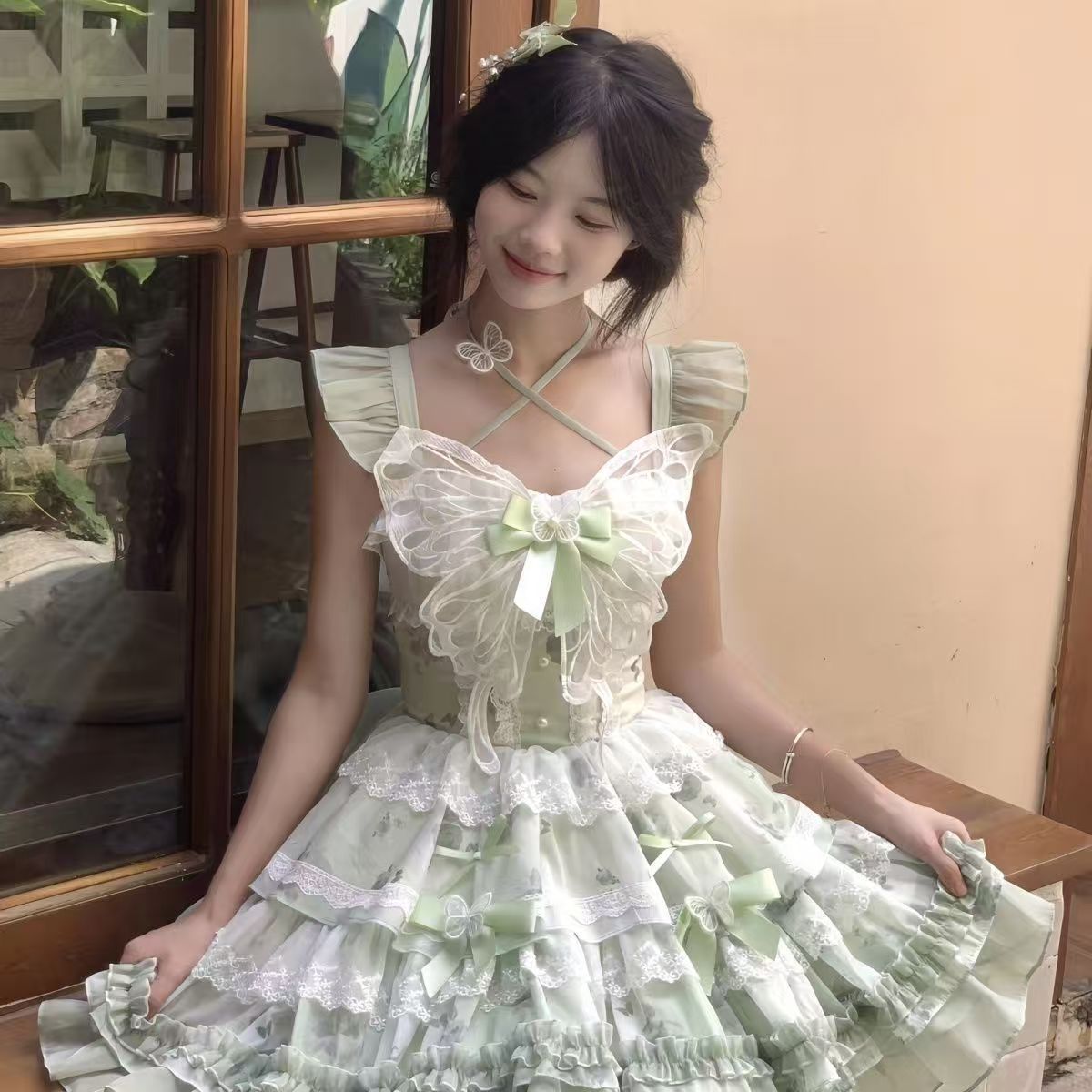 森林精灵白绿蝴蝶夏日感小清新公主少女生日短裙